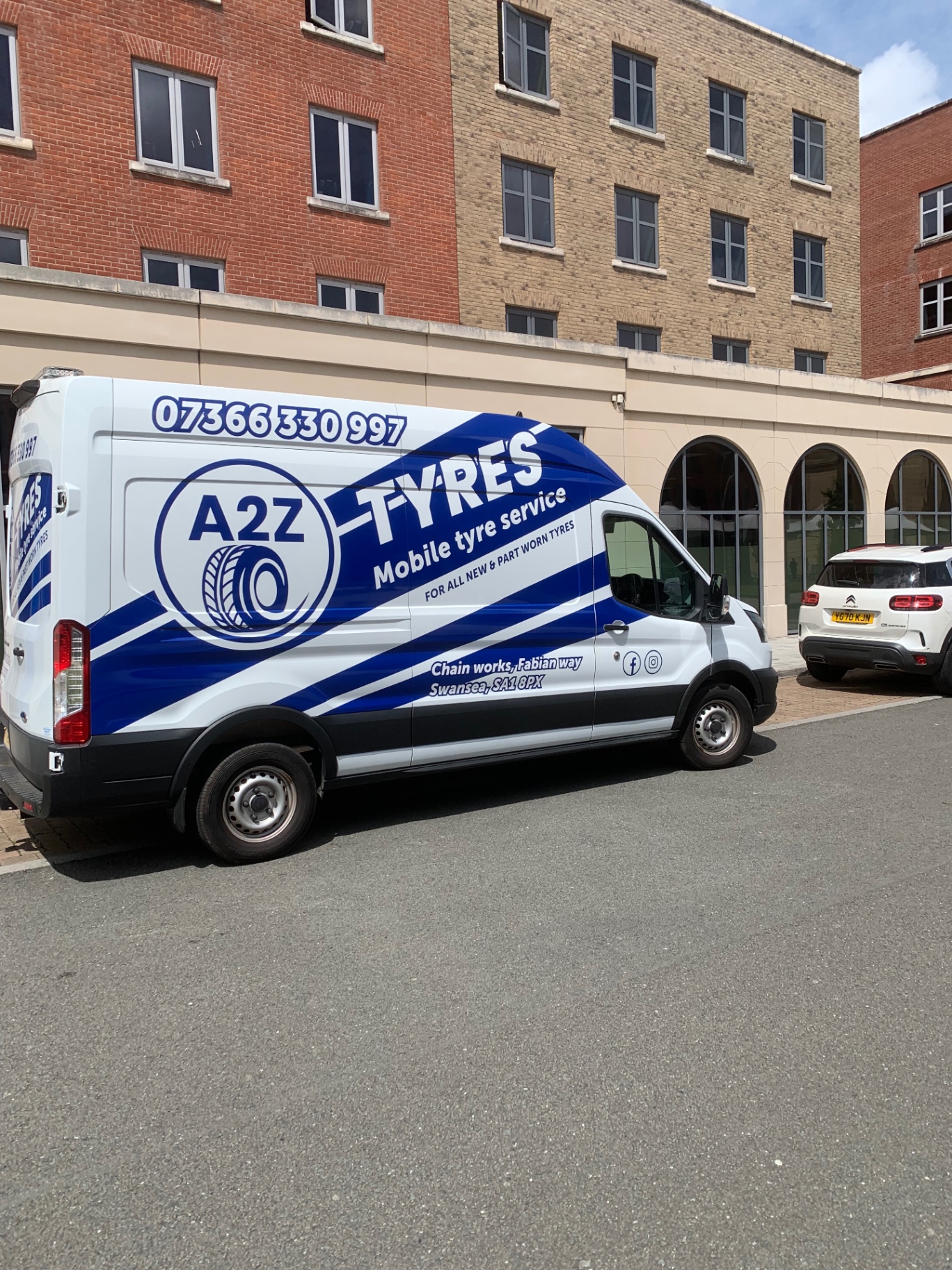 A2Z mobile tyre service van parked outside Chain Works, Fabian Way, Swansea